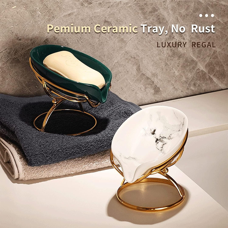 Leaf-Shaped Ceramic Soap Dish with Drain, Holder