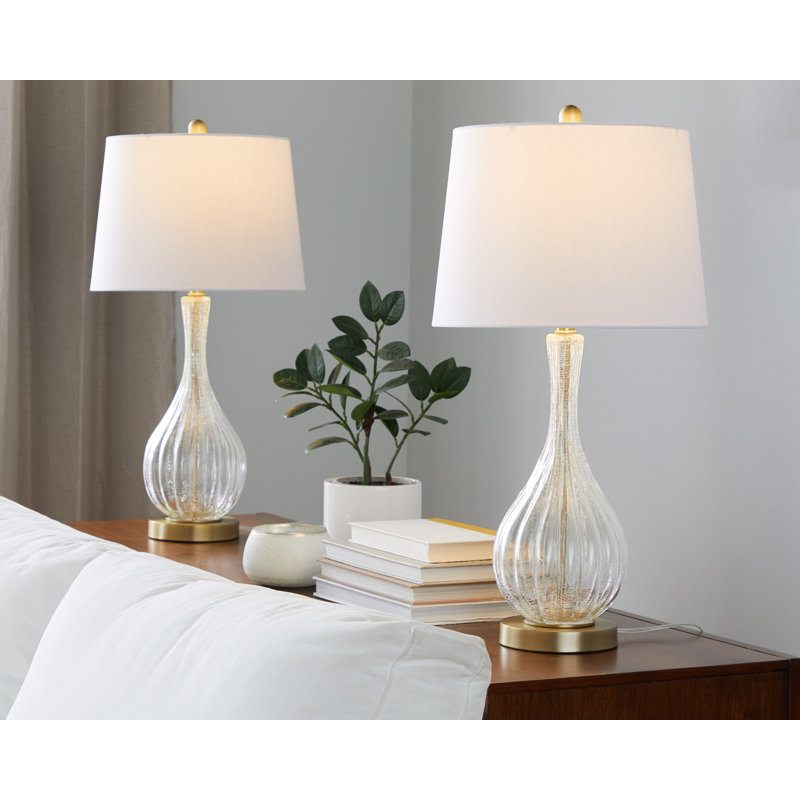 Rami 27" Crackle Glass Table Lamp Set, Clear Glass/Gold, 27.25" H x 14" W x 14" D, Off-White
