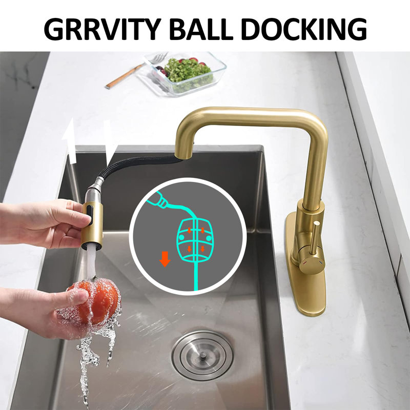 Kitchen Faucet With Pull-Out Sprinkler Head Single Handle Stainless Steel Kitchen Sink Faucet, Brushed Gold