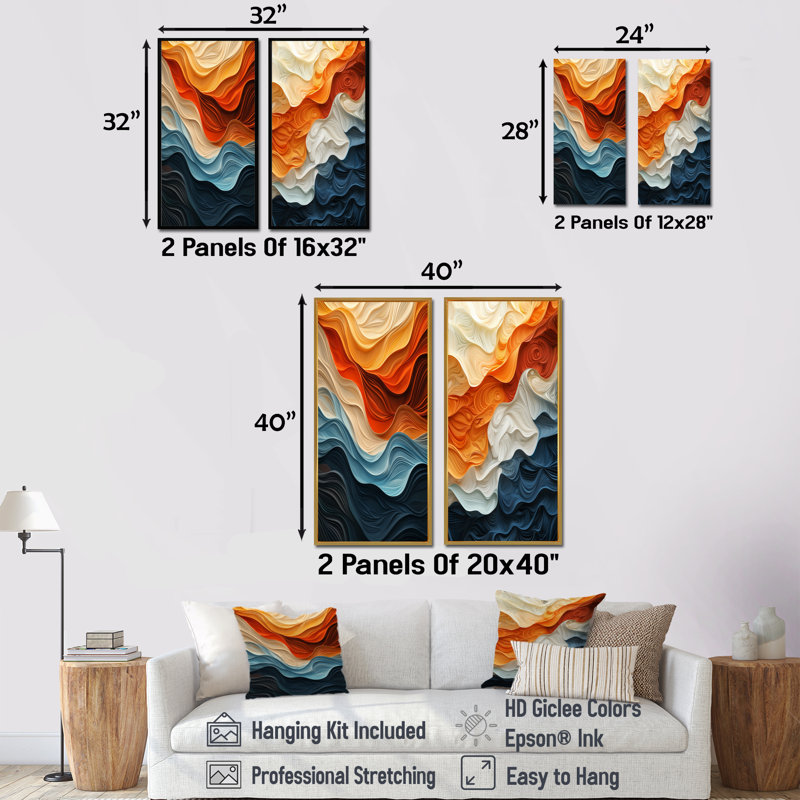 Orange et bleu Biomorphism Organic Forms I - Biomorphism Wall Art, ensemble de 2 pièces, Toile tendue, H 28 po x l 24 po