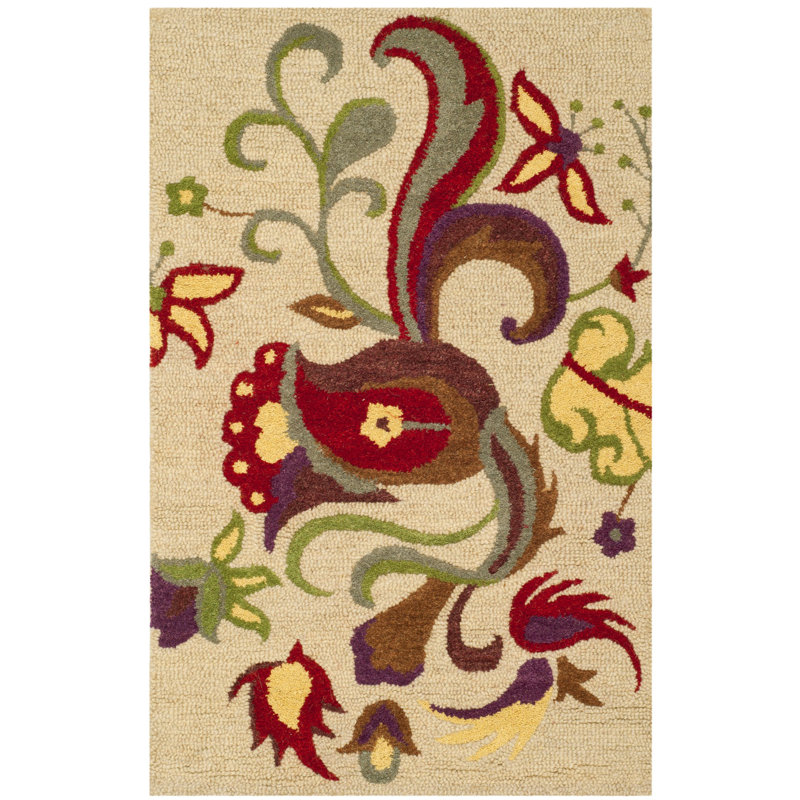Tapis en laine crocheté à la main à motif floral Emrick, Rectangle 3 pi x 5 pi