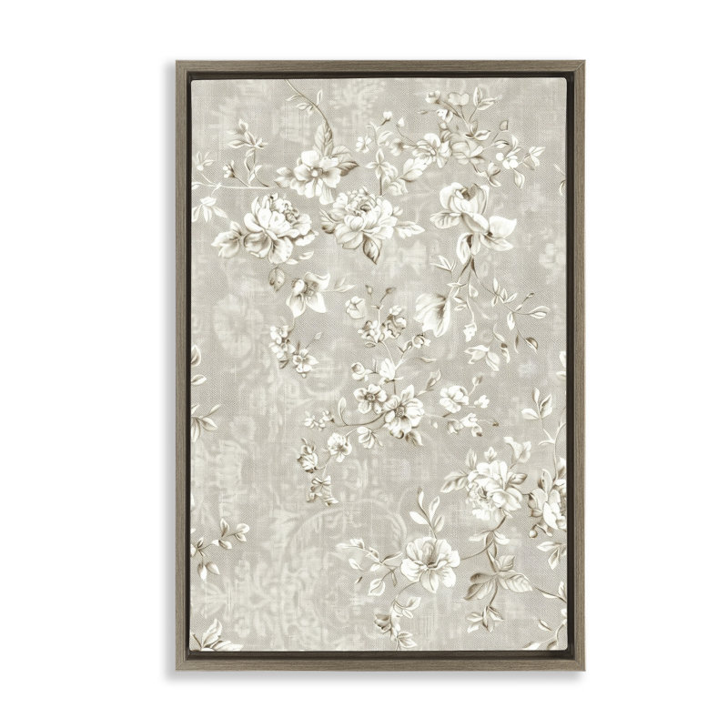 Fleurs blanches sur un cadre flottant damassé, design par LSR Creative Studio, H 31 po x l 21 po