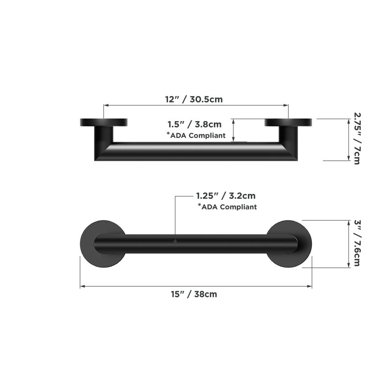 MITER 12 in. x 1.25 in. Grab Bar, ADA Compliant for Bath and Shower Safety (500 lb. Capacity) in Matte Black, 12, Matte Black