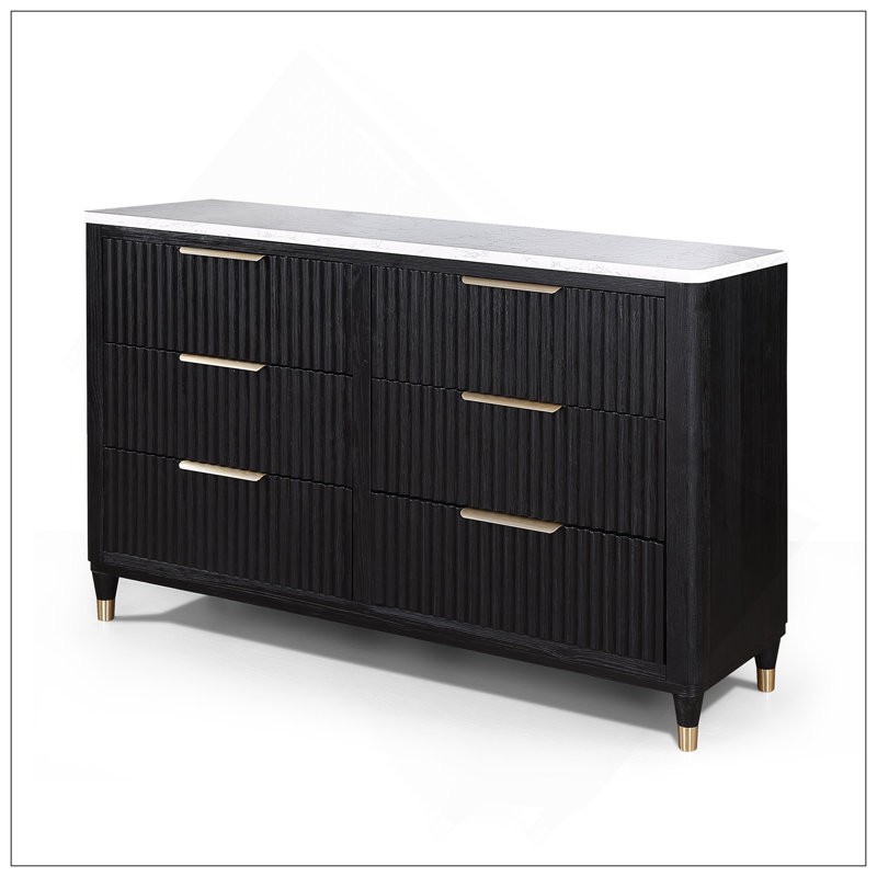 Esthétique moderne avec finition noire et amplement d'espace de rangement Six tiroirs 1 pièce Commode en pierre reconstituée avec quincaillerie entièrement en laiton