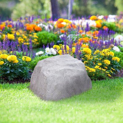 Low-Profile Polyresin Weather-Resistant Faux Landscape Rock Cover with Metal Stakes - Grey