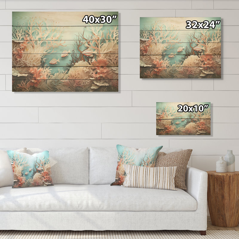 Aquarelle, poisson, danse, collage, corail sous l'eau, art mural sur bois de pin naturel, H 24 po x l 32 po