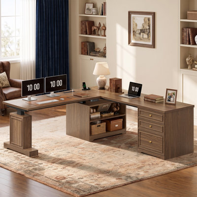 L Shaped Electric Standing Desk, 66.9" x 66.6" Height Adjustable Office Executive Desk with 3 Drawers and 2 Shelves, Standing Computer Desks with Powe