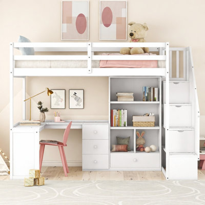 Lit mezzanine simple avec bureau en L et tiroirs, armoire et escalier de rangement, blanc