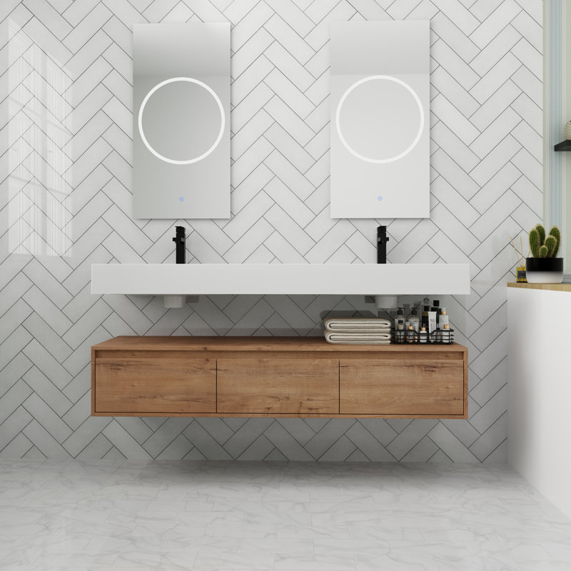 Bathroom Vanity With Sink In 60 Inch, Floating Bathroom Vanity With Soft Close Drawer, Imitative Oak