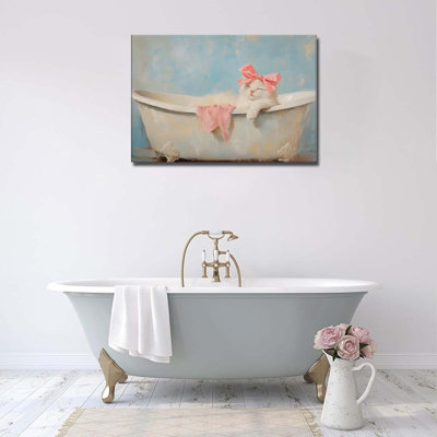 Cute Bathroom Cat In Bathtub Canvas Wall Art Trendy Pink Bow White Cat Wall Decor Pictures Aesthetic Posters Prints For Girly Bathroom Toilet Decoration 12X16in