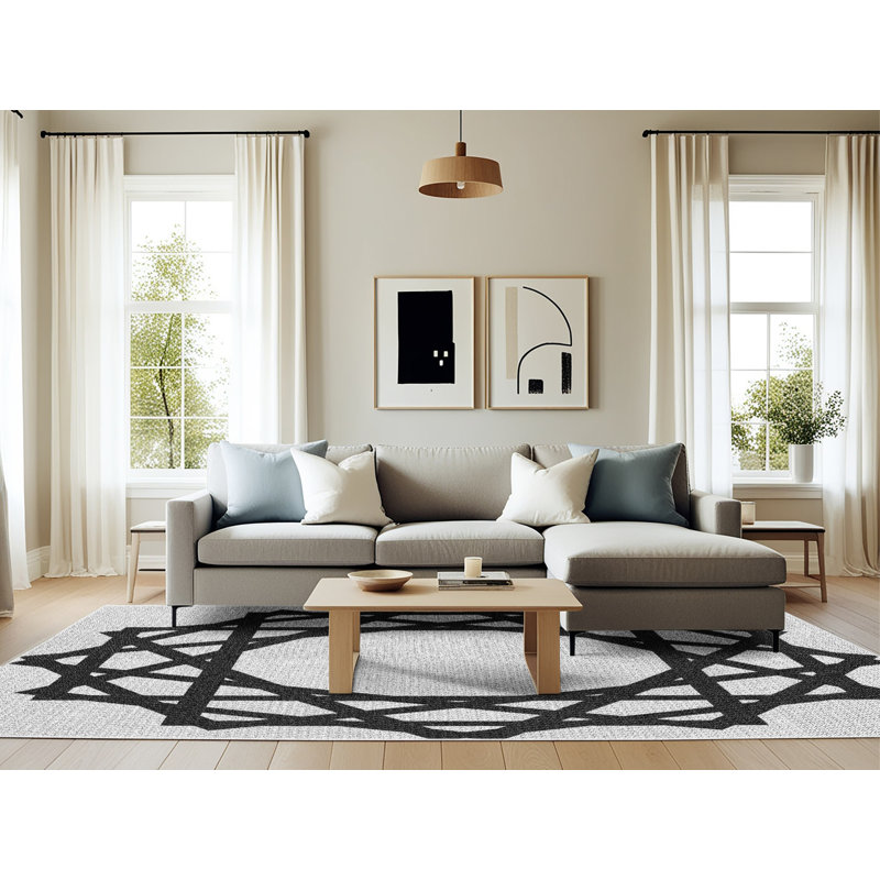 Tapis noir / blanc cassé Power Loom, Rectangle 6 pi x 9 pi
