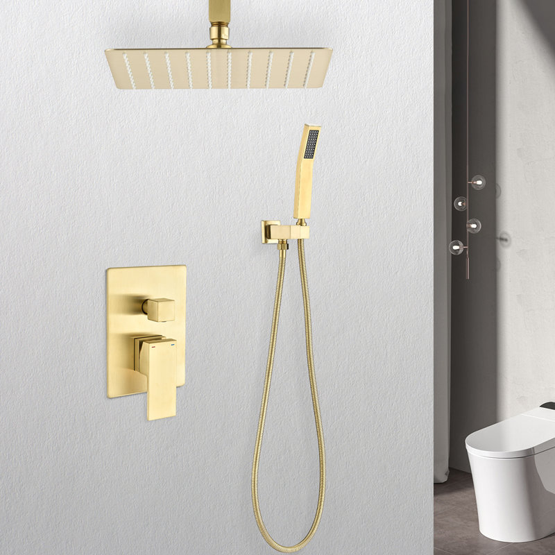 Système de douche de plafond doré - Pommeau de douche de 30 cm et douchette à main - Effet pluie naturelle - Buse autonettoyante - Laiton - Conforme aux normes de tuyauterie américaines - Synchronisation avec