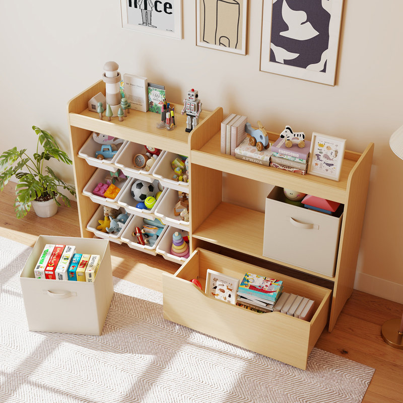 4 In 1 Toy Storage Organizer With Bookshelf And Large Drawers, Hidden Wheels, Natural