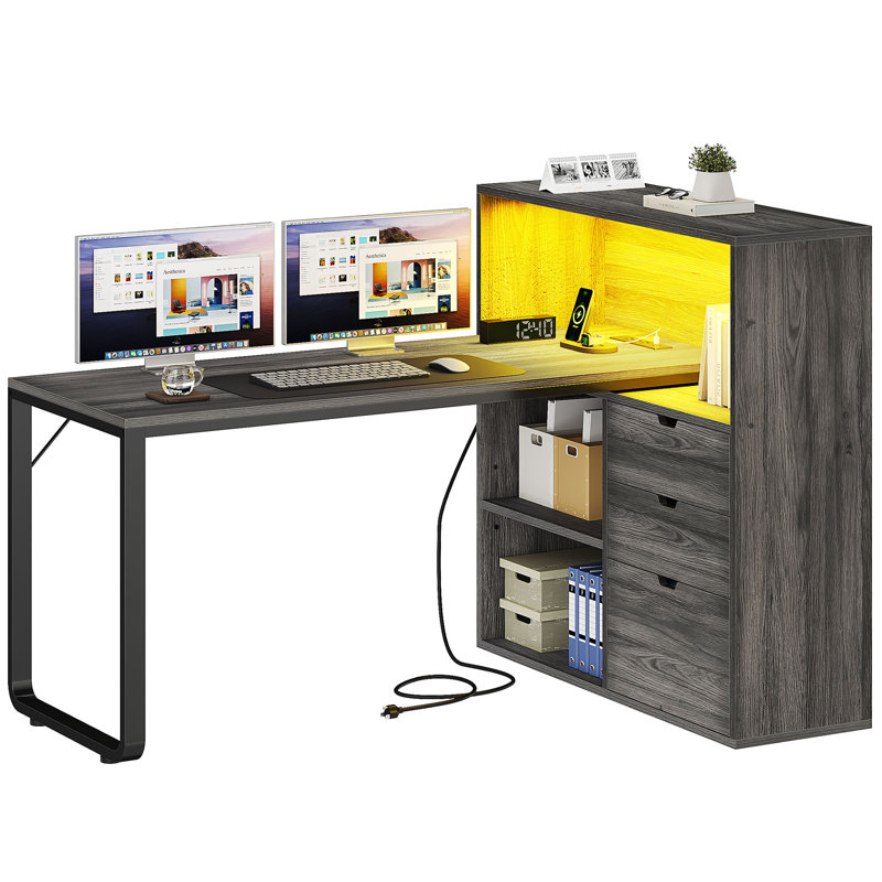 Broly 55'' L Shaped Desk with Power Outlets, Bookshelf & LED Light, Gray/Black