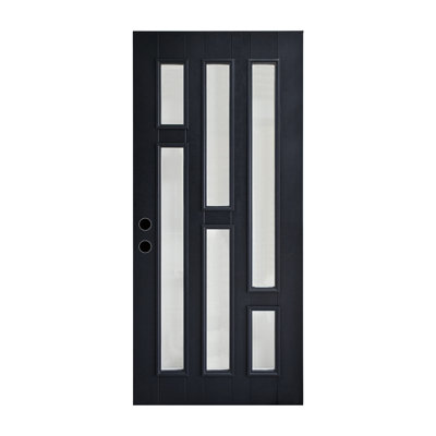 Contemporary 6-Lite Fiberglass Entry Door Slab, Black Finish, Clear Tempered Glass, Right Inswing