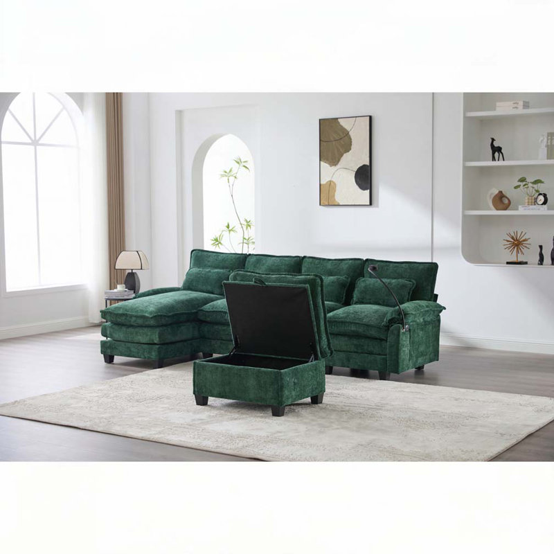 Canapé modulaire en U en chenille de 106 po, Chenille émeraude