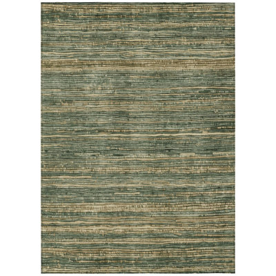 8' X 10' Fern Green And Charcoal Striped Washable Indoor Outdoor Area Rug