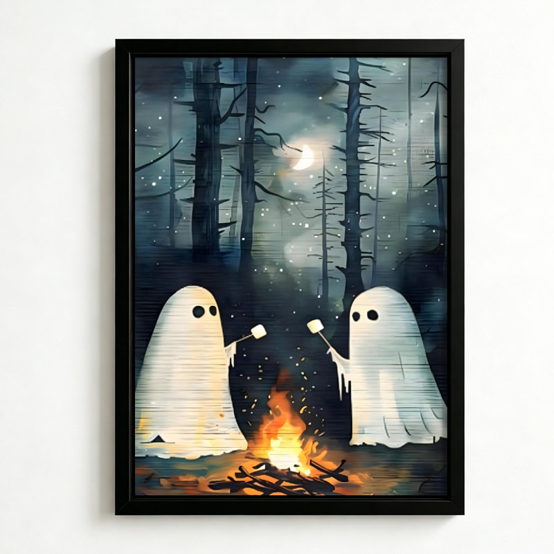Halloween : Deux fantômes faisant griller des guimauves la nuit, tableau sur toile encadré, cadre marron, 61 x 91 cm, 24x36