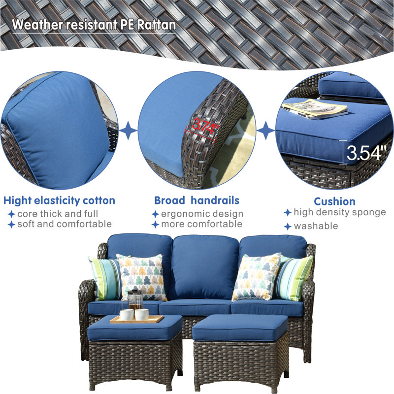Gretna Premium All-Weather Wicker 3 - Person Patio Conversation Set with Cushions, Brown Frame/Navy Blue Cushion