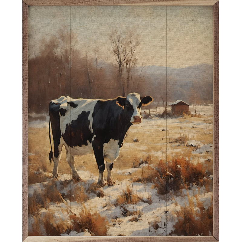 Vache laitière dans un champ enneigé, H 30 po x l 24 po