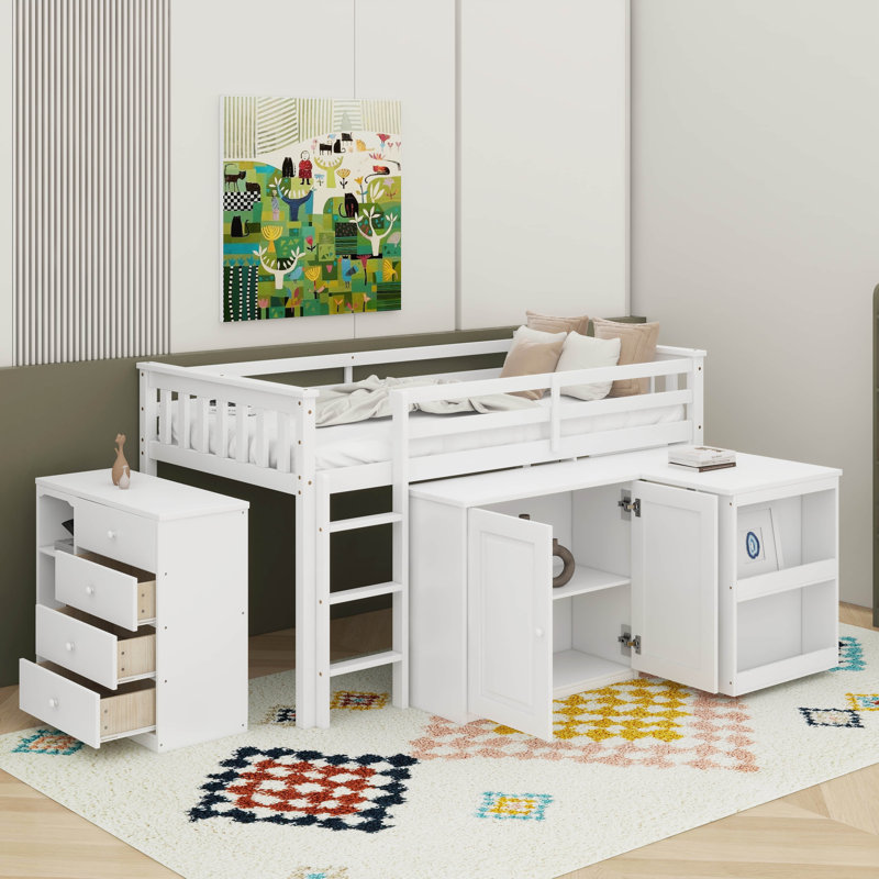 Lit mezzanine simple avec armoire de rangement, tiroir, armoire et bureau coulissant, Blanc