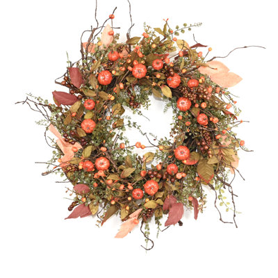 26" Artificial Farmhouse Harvest Fall Foliage Twig Berry Pumpkin Thanksgiving Day Front Door Wreath