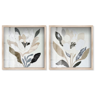 «Neutral Serenity Botanicals Shadowbox», ensemble de 2 décorations murales par Art Remedy, cadre blond, 17 x 17