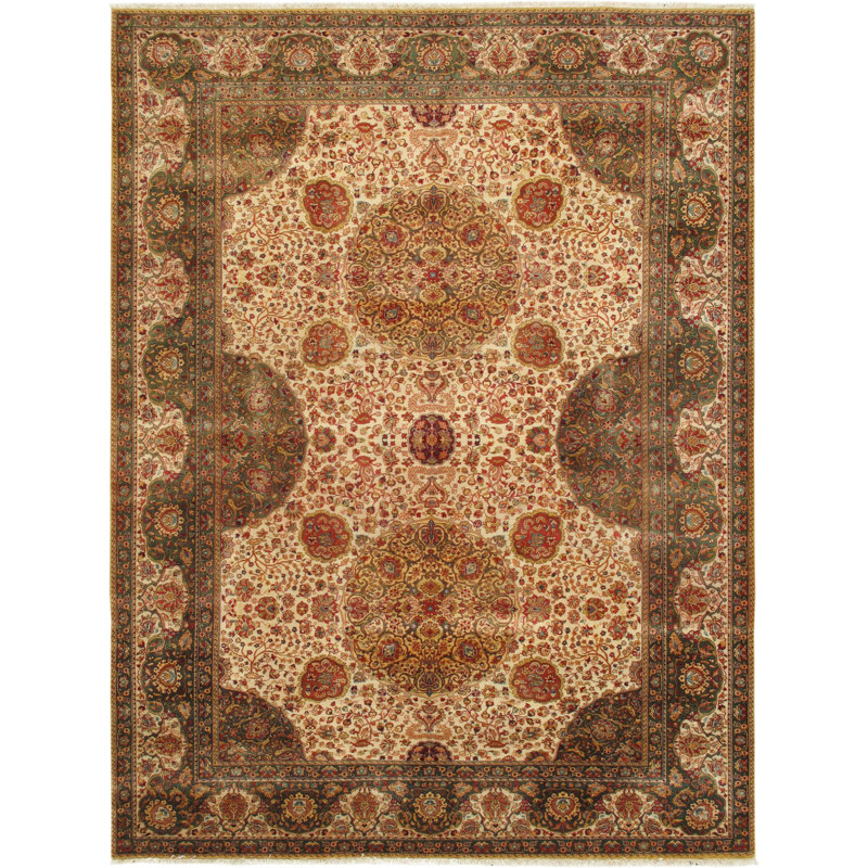 Agra Oriental Hand-Knotted Wool Brown/Beige Area Rug, Rectangle 9'1" x 12'7"