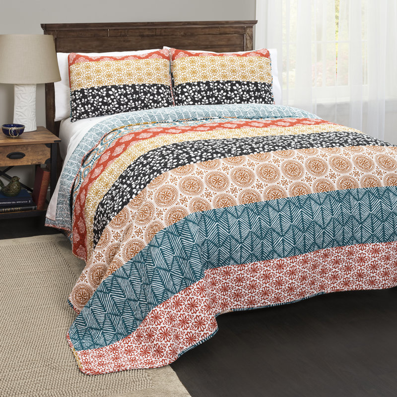 Bohemian 100% Cotton Reversible 3-Piece Quilt Set, King Quilt + 2 King Shams, Turqoise/Orange Geometric