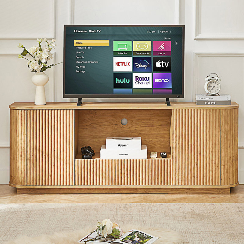 Meuble télé, buffet arrondi, meuble de rangement, console de télévision Wavy, Naturel