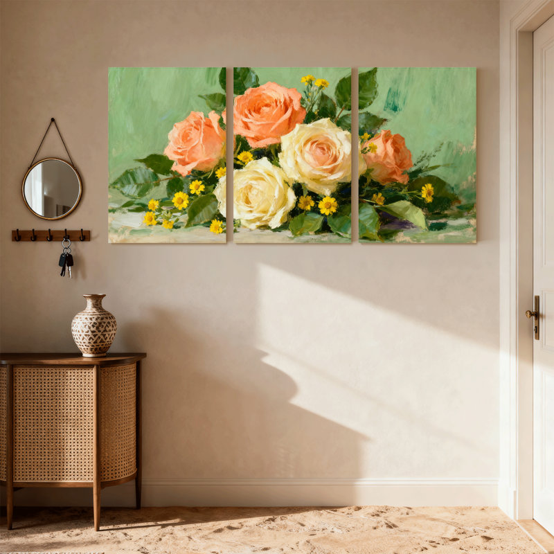 Roses roses et fleurs jaunes sur fond vert, ensemble de 3 impressions sur toile, H 30 po x l 60 po
