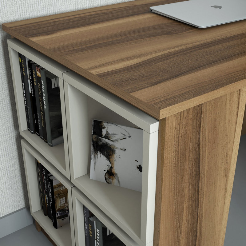 Bureau d'étude moderne avec tablette murale, finition noyer et crème, 47,2 po x 29,5 po x 25,6 po | Panneau de particules 100% enduit de mélamine, durable et élégant | Plusieurs tablettes pour l'organisation, parfait pour le bureau à domicile