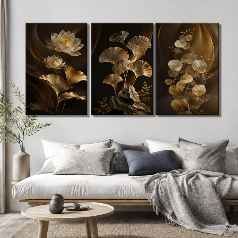 3 panneaux muraux, feuille de lotus Ginkgo doré, impression sur toile botanique de luxe, 28 * 40 pouces * 3