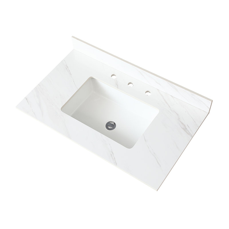 Dessus de meuble-lavabo de salle de bain 37 po - Pierre frittée blanche avec dosseret de 4 po de hauteur, lavabo rectangulaire, trou de robinet pré-percé, robinet à encastrer et encastré élégant