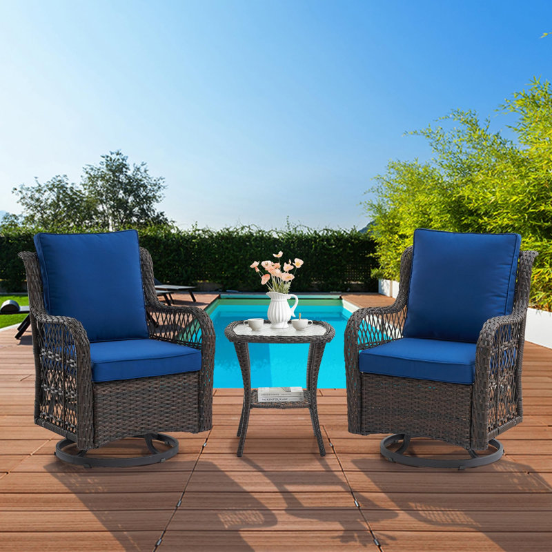 Ensemble de 3 chaises berçantes pivotantes d'extérieur avec petite table d'appoint 3 pièces, Gris, Brun
