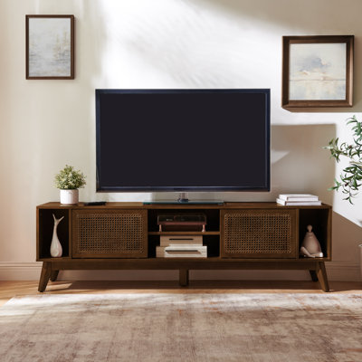 Mid-Century Modern TV Stand with Rattan Door Storage for TVs Up to 75 Inches