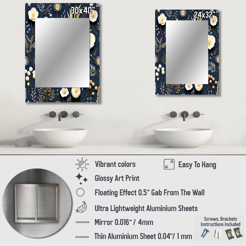 Amalya - fleurs botaniques bleues et blanches - miroir décoratif floral, miroir mural floral, impression d'art en métal
