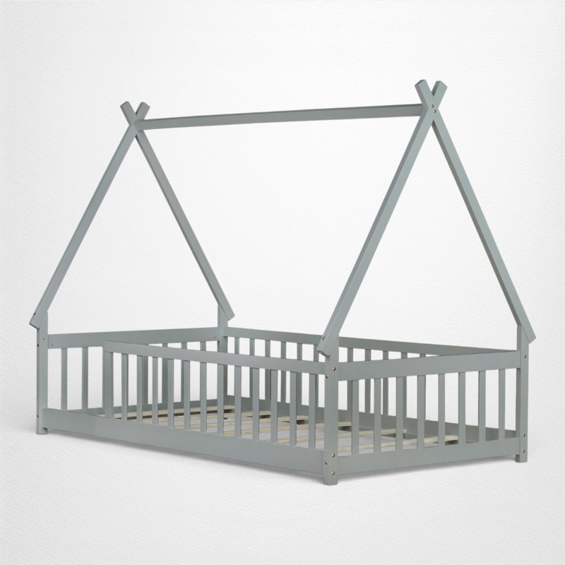 Kids House Platform Bed Frame, Twin Size Floor Design, Guardrail Safety Frame, Bedroom, Gray