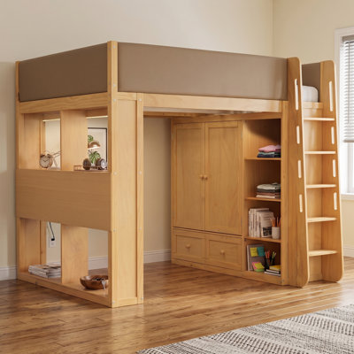 Kids' Loft Bed with Built-in Wardrobe, Drawers and Shelves, LED Lights, Upholstered Guardrails, Modern, Teen's Bedroom