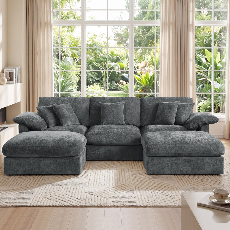 Canapé d'angle surdimensionné avec deux chaises, Gray Fabric