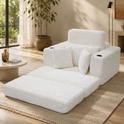 Chaise longue sans ossature de 133 cm (52,4 po) - Canapé-lit modulable 3 en 1 surdimensionné, confortable et moelleux, idéal pour la lecture, le salon et la chambre à coucher - Canapé-lit en velours côtelé beige