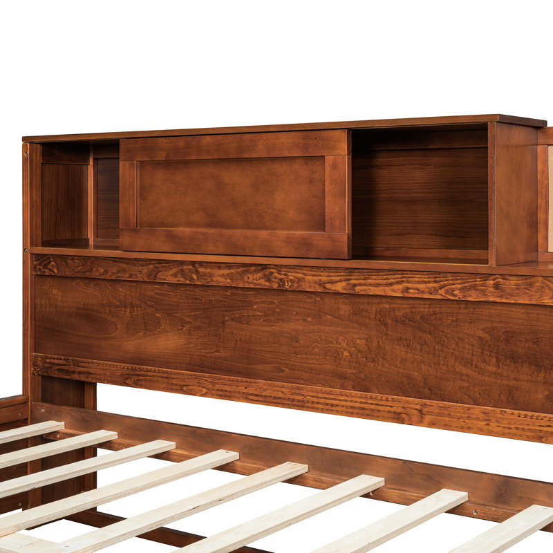 Full Size Wooden Daybed In Walnut Shade With 3 Storage Drawers, Upper Shelf And Charging For A Comfortable Zone Hue Board Sockets Relaxing Moments