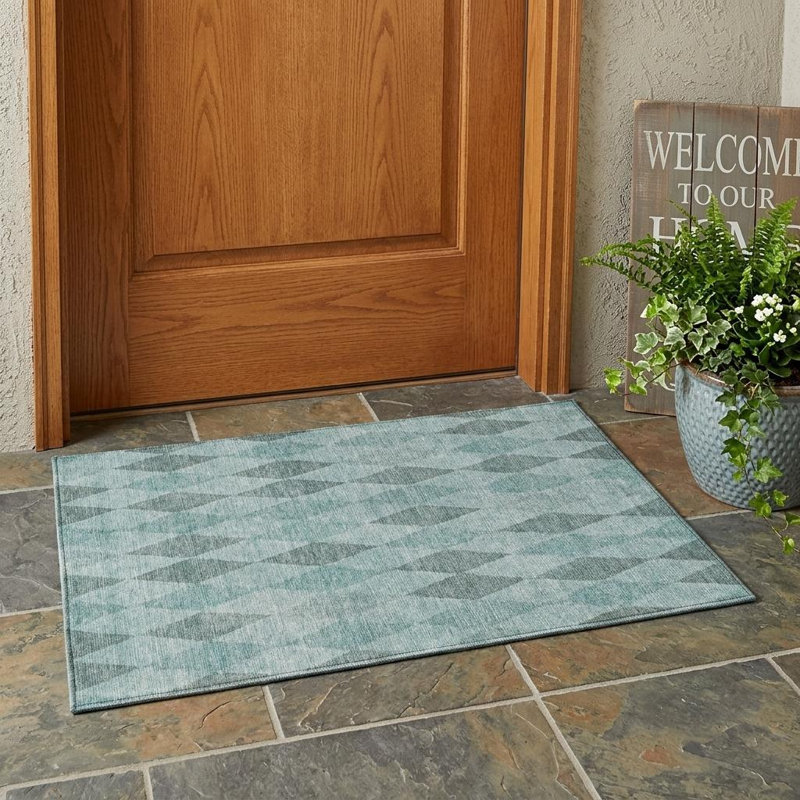 3' X 5' Teal Geometric Washable Non Skid Indoor Outdoor Area Rug