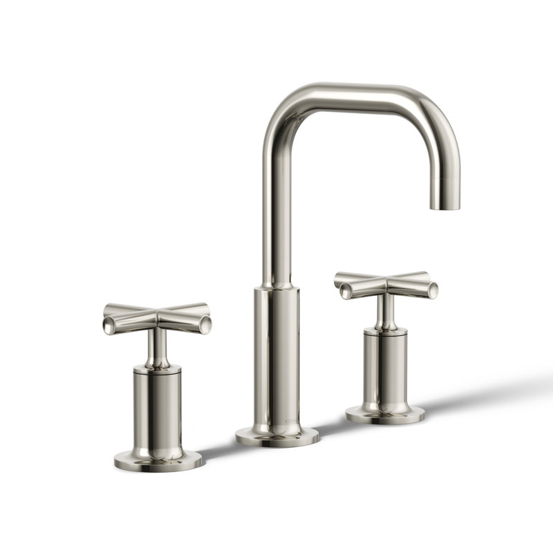 Kohler Purist Widespread Bathroom Faucet with Pop-Up Drain Assembly, 3-Hole High Arc Cross Handle Bathroom Sink Faucet, 1.2 gpm