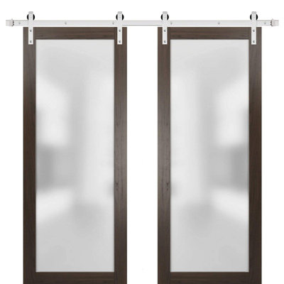 Porte de grange double robuste avec verre dépoli Planum 2102 Frêne Chocolat 4 m (13 pi) avec rails argentés - Portes intérieures modernes à panneaux pleins - 122 cm x 203 cm (48 po x 80 po) (2 x 61 cm x 203 cm) - Rails argentés