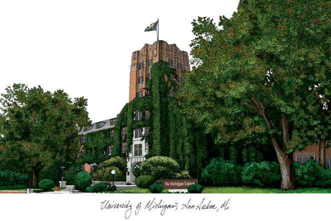NCAA Campus Images Lithograph - Picture Frame Memorabilia Print on Paper, Michigan Wolverines