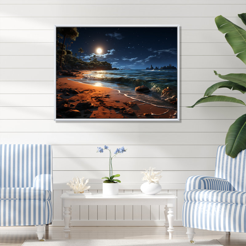 Mystic Tropical Beach Moonlight II - art mural plage, Cadre flottant blanc, H 30 po x l 40 po x P 1,5 po