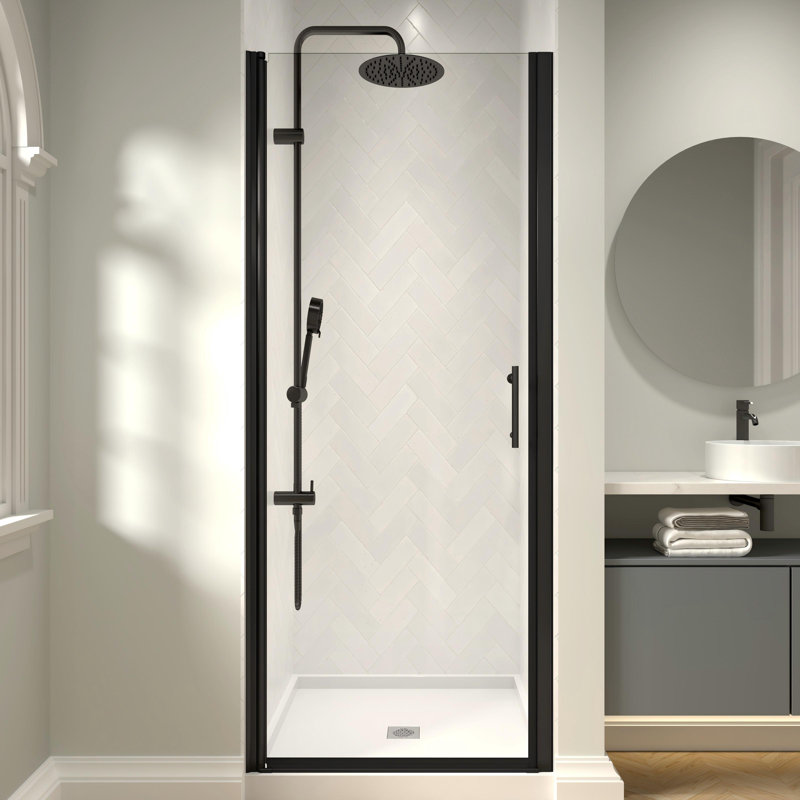 24" - 25 3/8" W x 72" H Pivot Swing Frameless Shower Door with 1/4" (6mm) Crystal Clear Tempered Glass, Matte Black