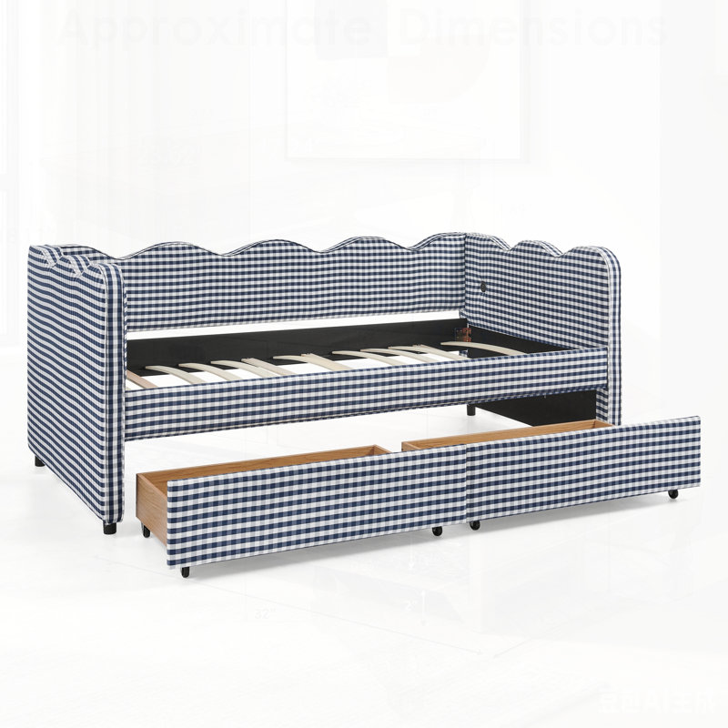 Lit de jour Cozy Gingham avec deux tiroirs de rangement, port USB et adorable tissu en forme de vague, Twin, Navy