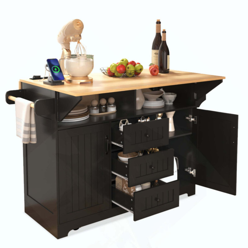 Îlot de cuisine pliable à abattant avec prise de courant, îlot de cuisine mobile avec tiroirs de rangement et 5 roues verrouillables pour la salle à manger
